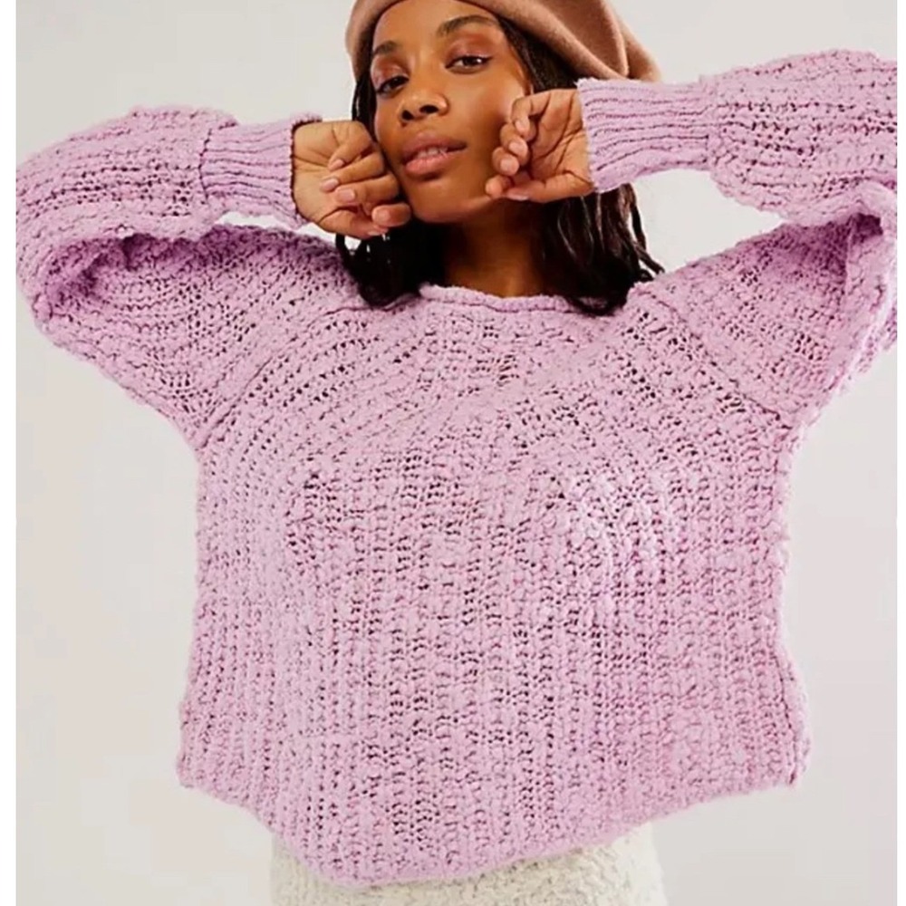 Free People Lilac Bouquet‎ in a Swirl Pullover Sweater Purple Chunky Knit L
